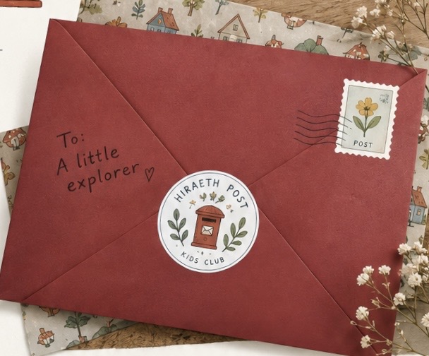 A red Kids Club envelope addressed to a little explorer, with a Hiraeth Post postbox sticker and a flower postage stamp, resting on illustrated wrapping paper with sprigs of dried flowers