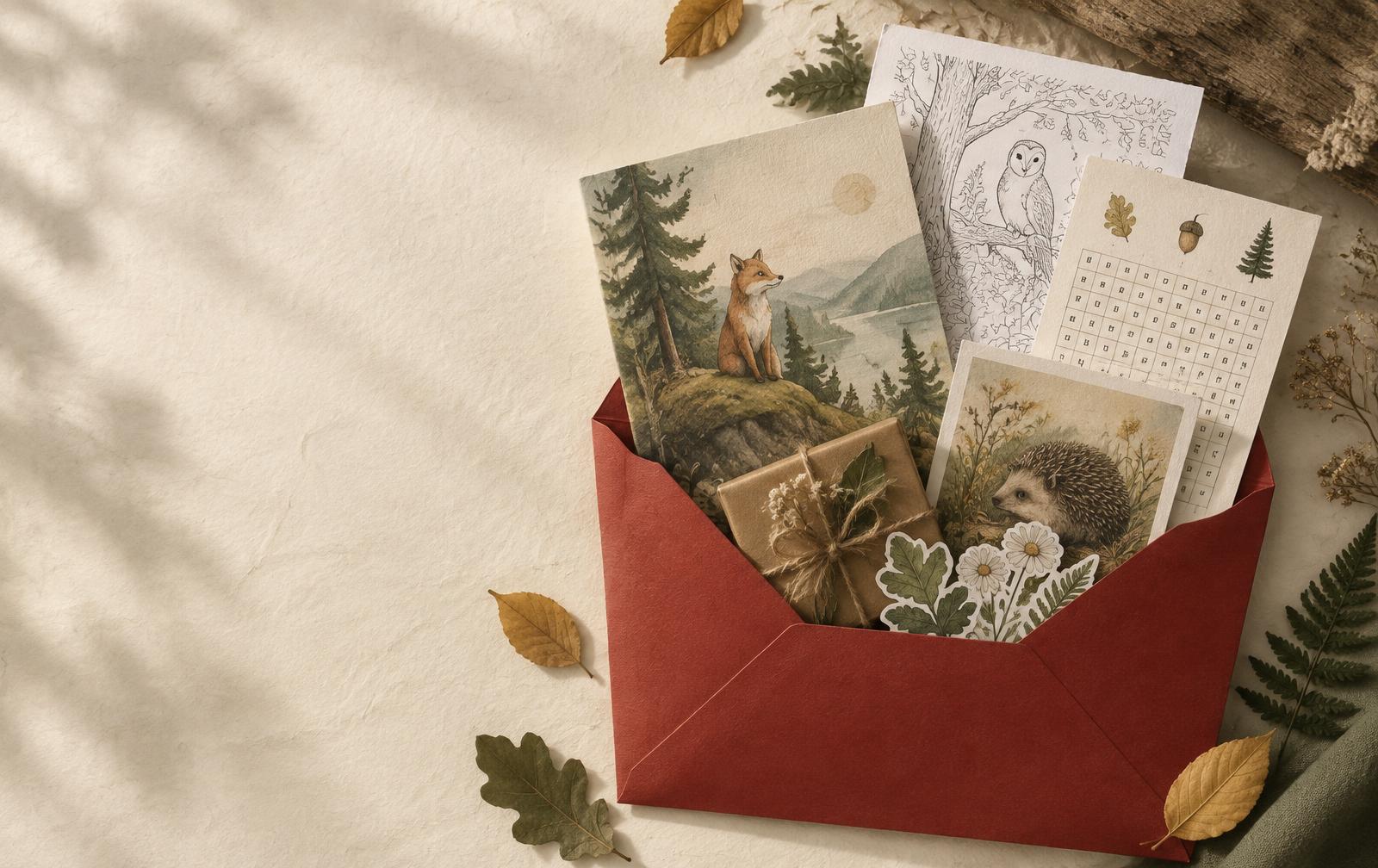 A red envelope filled with illustrated stories, puzzles and paper treasures for children
